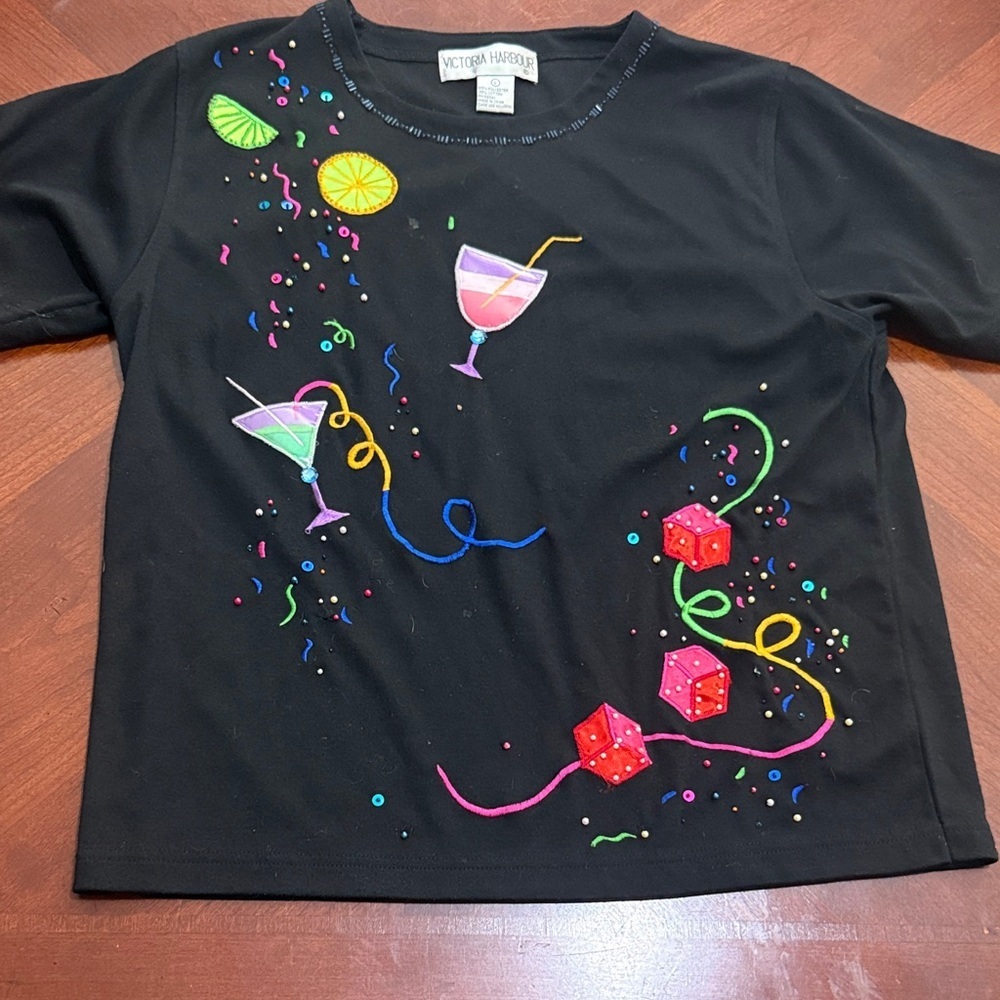 Vintage Victoria Harbour Black Party T-Shirt with Colorful Embroidery